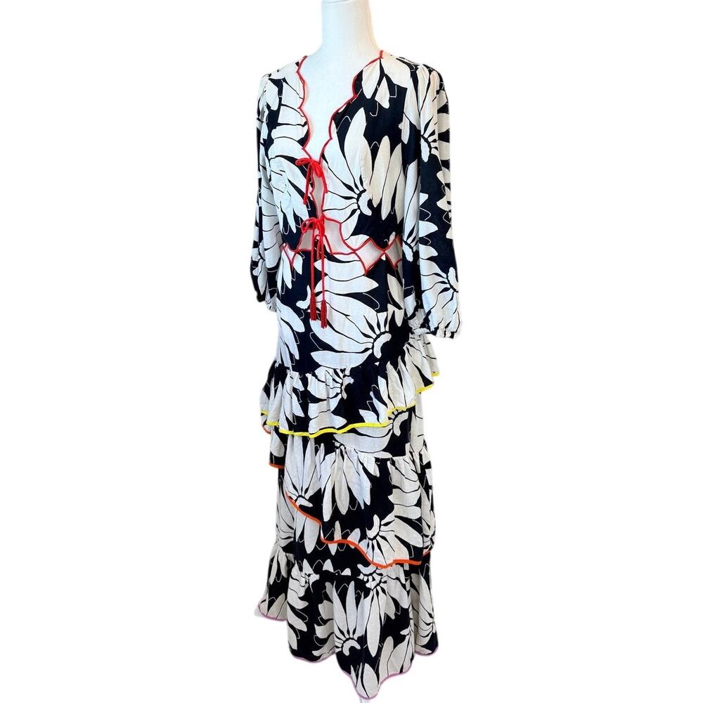 FARM Rio Cutout Tiered Linen Maxi Dress Tropical Boho Sz L - Picture 5 of 10